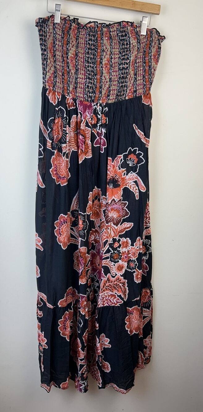 Anthropologie Marisol Strapless Maxi Dress Smocked Black Pink Floral Orange Sz M